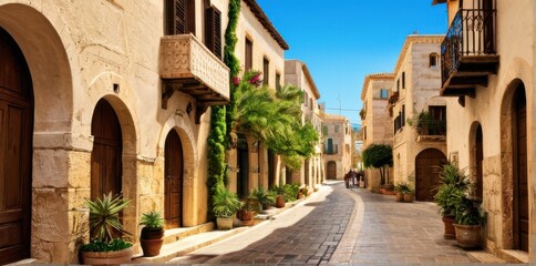 Fototapeta premium Sunlit Mediterranean Street with Stone Buildings and Lush Greenery