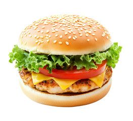 Chicken burger with lettuce, tomato, and cheese on a transparent background, PNG file.