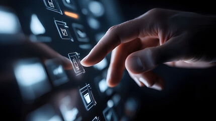 Obraz premium A hand interacts with a futuristic touchscreen interface, selecting digital icons in a dark, high-tech environment.