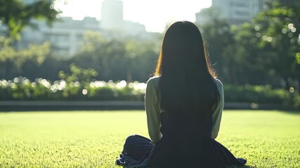 Peaceful Woman Relaxing on Sunny Park Lawn