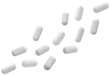 Falling white medicine pills capsule isolated on white background