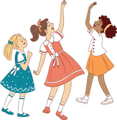 Colorful Illustration of Four Joyful Girls in Playful Poses on Teal Background  Diverse Childrens Character Design