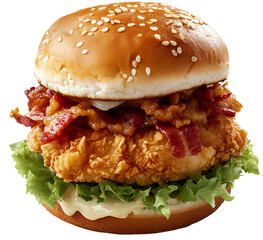 Fried chicken sandwich with bacon and lettuce, transparent background PNG clipart cutout of the middle.