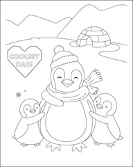 coolest dad coloring page, cartoon penguin dad and cubs. coloring page ready to print. eps file