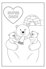 Super Dad Cartoon Bear and Cubs – Printable Coloring Page (8.5x11 inch, Vector EPS)