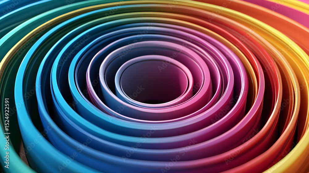 Poster a vibrant spiral of multicolored paper rolls creating a mesmerizing abstract pattern.