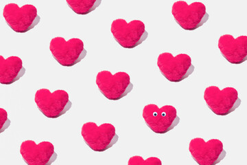 Love and affection, creative pattern, soft, fluffy hearts on a white background.