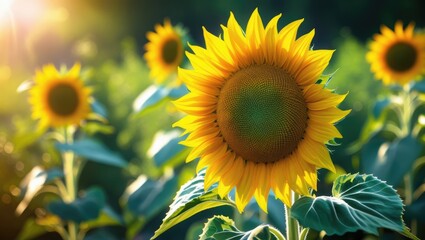 Obraz premium Close-up of a blooming sunflower with bright yellow petals against a sunny field background.