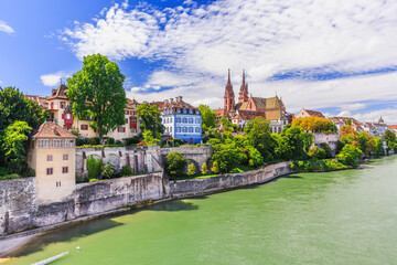 Basel, Switzerland. Old town with red stone Munster cathedral on the Rhine river.