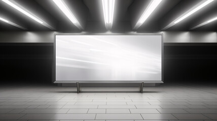 Modern illuminated billboard in subway station with blank mockup space and neon, contemporary underground advertising display