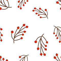 Seamless pattern with red winter berries on white background for seasonal design. Vector illustration