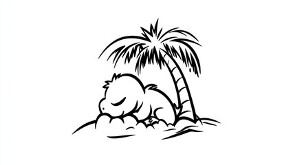 Cute stylized dragon rests beneath a palm tree on an island
