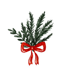 Green Christmas cedar with red ribbon watercolor vector.