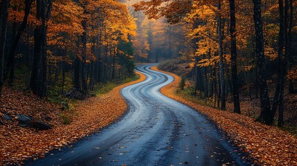 Autumn forest winding road