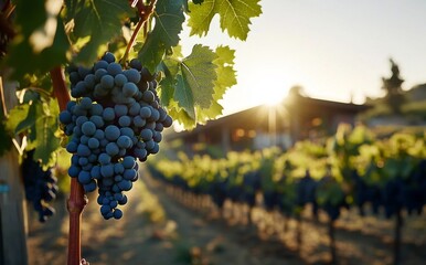 Fototapeta premium Grapes Hang on Vine in Vineyard at Sunset With Warm Golden Light Illuminating Landscape