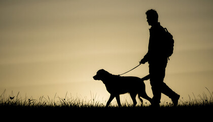 Heartwarming Silhouette of a Man Walking with His Dog During Sunset on Open Trail