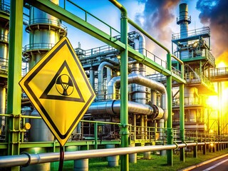 Industrial Facility with Radioactive Hazard Warning Sign at Sunset