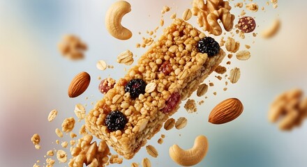 Close-up of a crunchy granola bar with nuts, oats, and berries floating in mid-air, representing healthy snack concept