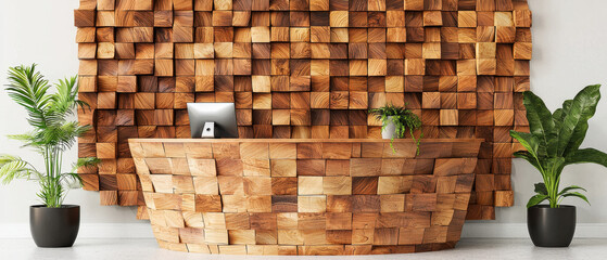 Wooden reception desk with cubical wall and potted plants