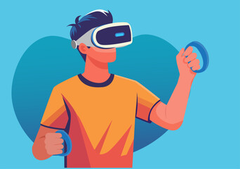 A young man is playing a game wearing VR glasses and holding a controller in both hands.