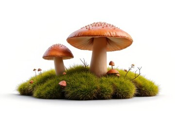 Two Large Mushrooms and Small Mushrooms Growing in Mossy Grass - Nature Photography