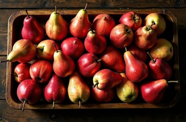 A lot of Pear on wooden table. Top view on beautiful juicy ripe Pears on rustic background. Summer harvest. Perfect for market banner placard cover print. Eco fruits concept. Ecology gmo free fruits.