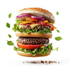 Hamburger flying, spices and herbs, isolate on white background. cutout png.