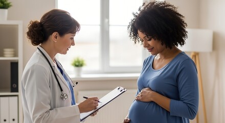 Female doctor consulting smiling Black pregnant woman in clinic, concept of pregnancy health and care