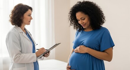Black pregnant woman smiling while holding belly during checkup with female doctor, concept of prenatal care and motherhood