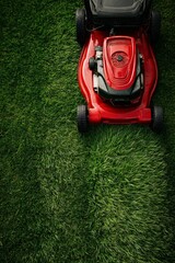 Fototapeta na wymiar Lawn Mowing Activity in a Backyard With Green Grass and a Red Mower.