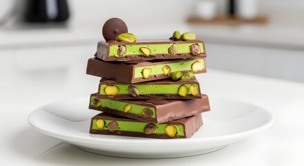 Elegant stack of chocolate bars with pistachio cream on white plate, concept of artisan sweets and indulgent flavor