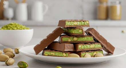 Stack of gourmet chocolate bars with green pistachio filling on plate, concept of luxury dessert and exotic flavor
