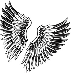 Black and White Symmetrical Angel Wings Illustration  Intricate Feather Detail with Expansive Horizontal Spread