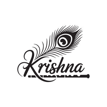 Krishna text logo with peacock feather and flute in black vector design

