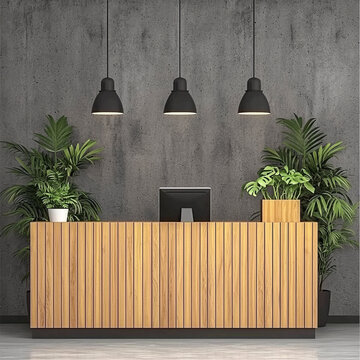 Modern wooden reception desk with plants and pendant lights against a concrete wall