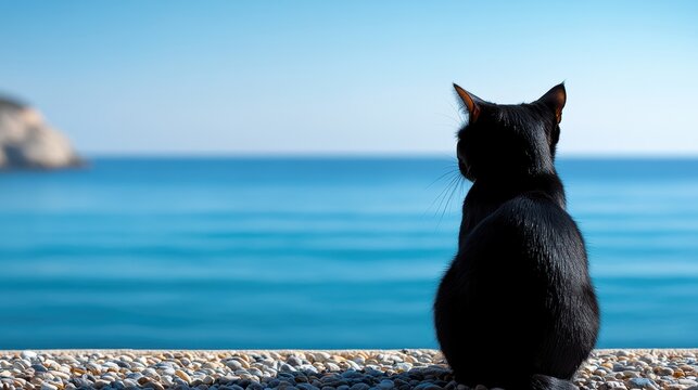 Black cat contemplating serene ocean scenic seascape in vibrant sunshine enjoying relaxing seaside view