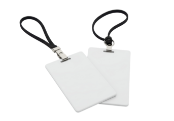 Isolated Two Blank White ID Badges with Black Lanyards