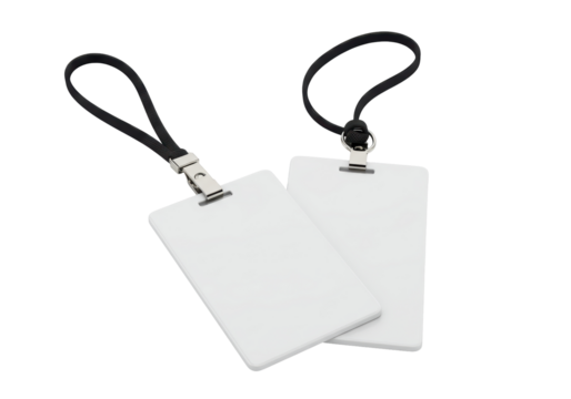 Isolated Two Blank White ID Badges with Black Lanyards