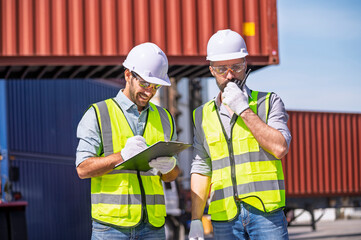 Logistics engineer and inspector working and discuss in shipping container in commercial transport port