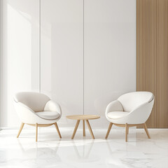Minimalist lounge: two white chairs, wooden coffee table, marble floor