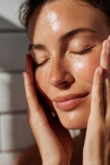 Serene skincare: a woman gently caresses her radiant, dewy skin, eyes closed in bliss, a sunlit glow highlighting her natural beauty.