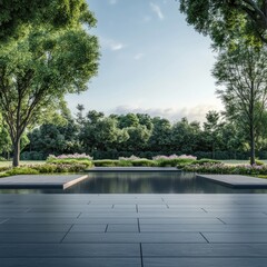 Serene landscape design with a reflecting pool, lush greenery, and neatly paved patio