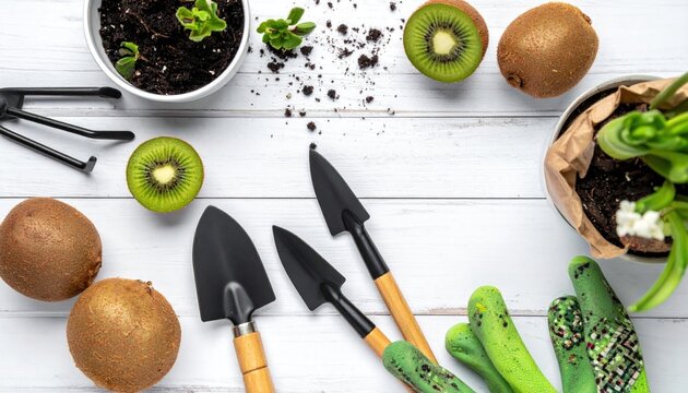 Gardening tools, kiwi fruit, and plants on a white wooden surface - Powered by Adobe