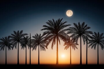 The evening twilight sky is set against a starry night sky with a coconut palm tree and a romantic ambiance