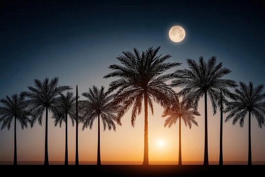 The evening twilight sky is set against a starry night sky with a coconut palm tree and a romantic ambiance - Powered by Adobe