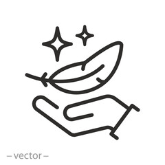 lightweight icon, feather on hand, sensitive skin, soft impact, skin care, thin line symbol on white background - editable stroke vector illustration eps 10 © Yurii