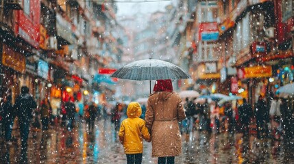 Obraz premium Woman and child walking in rainy Istanbul street with umbrella