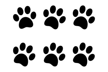 Six black paw prints arranged on a white surface