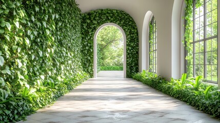 Serene interior hall with foliage walls arched doorway and natural light creating a fresh and calming aesthetic in nature