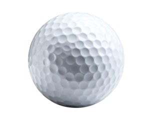 A close-up view of a golf ball on a plain background.
